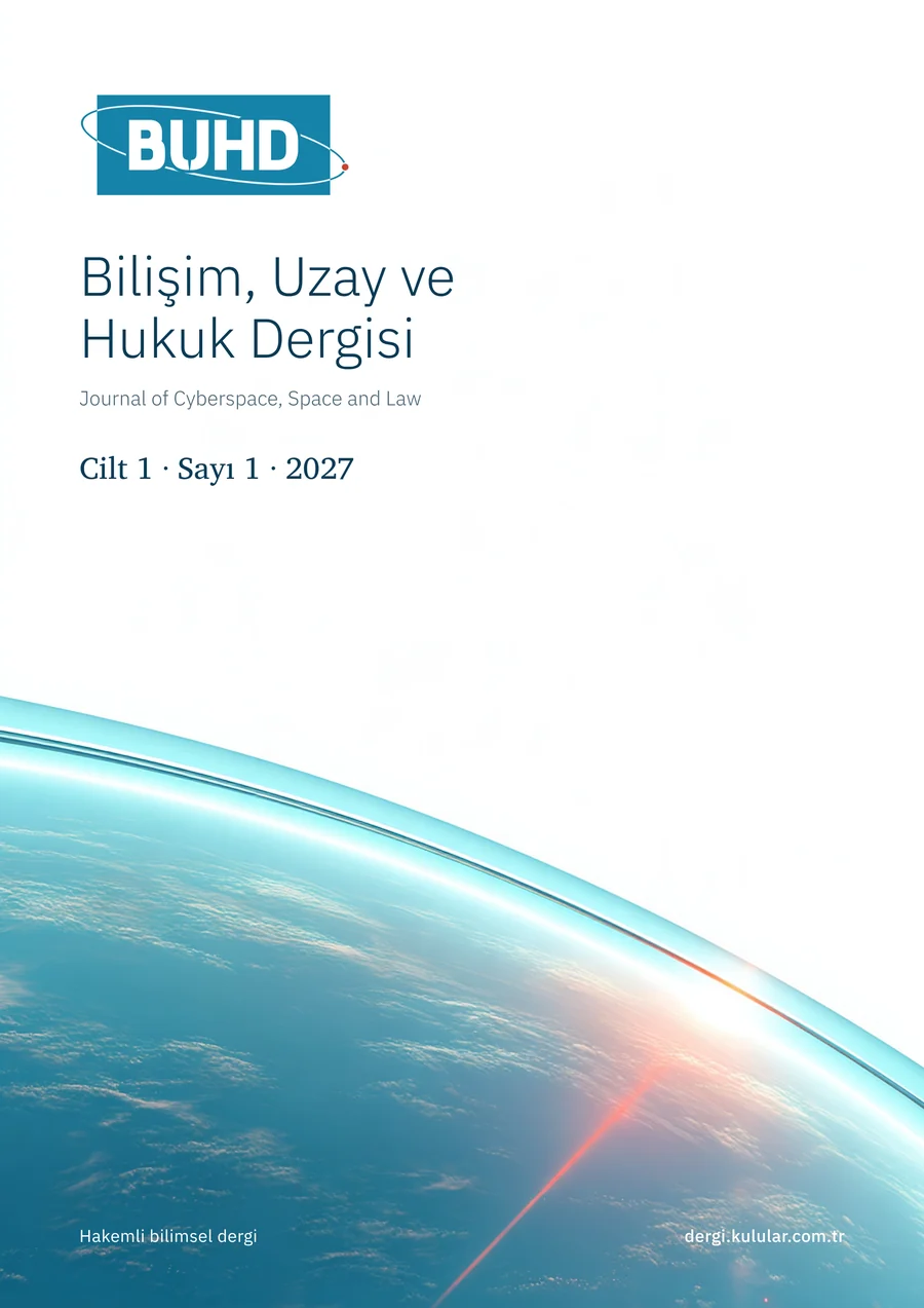Ön kapak taslağı: BUHD logosu, Bilişim, Uzay ve Hukuk Dergisi, Cilt 1, Sayı 1, 2027